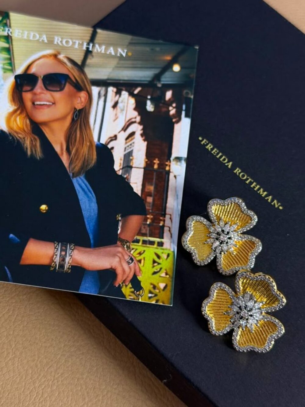 FREIDA ROTHMAN VAULT - Matte Gold with Clear Stones Flower Studs Earrings